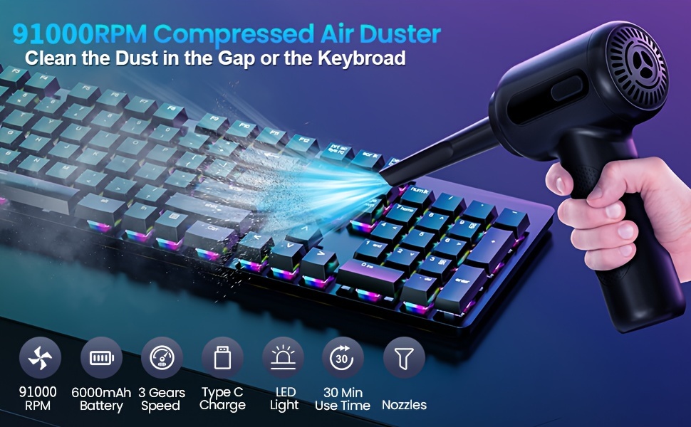 Compressed Air Duster Electric Dust-Blower-Air-Spray - 3 Speed 51000 RPM  Keyboard Cleaner with 6000 mAh Battery LED Light PC Cleaning Kit for Laptop