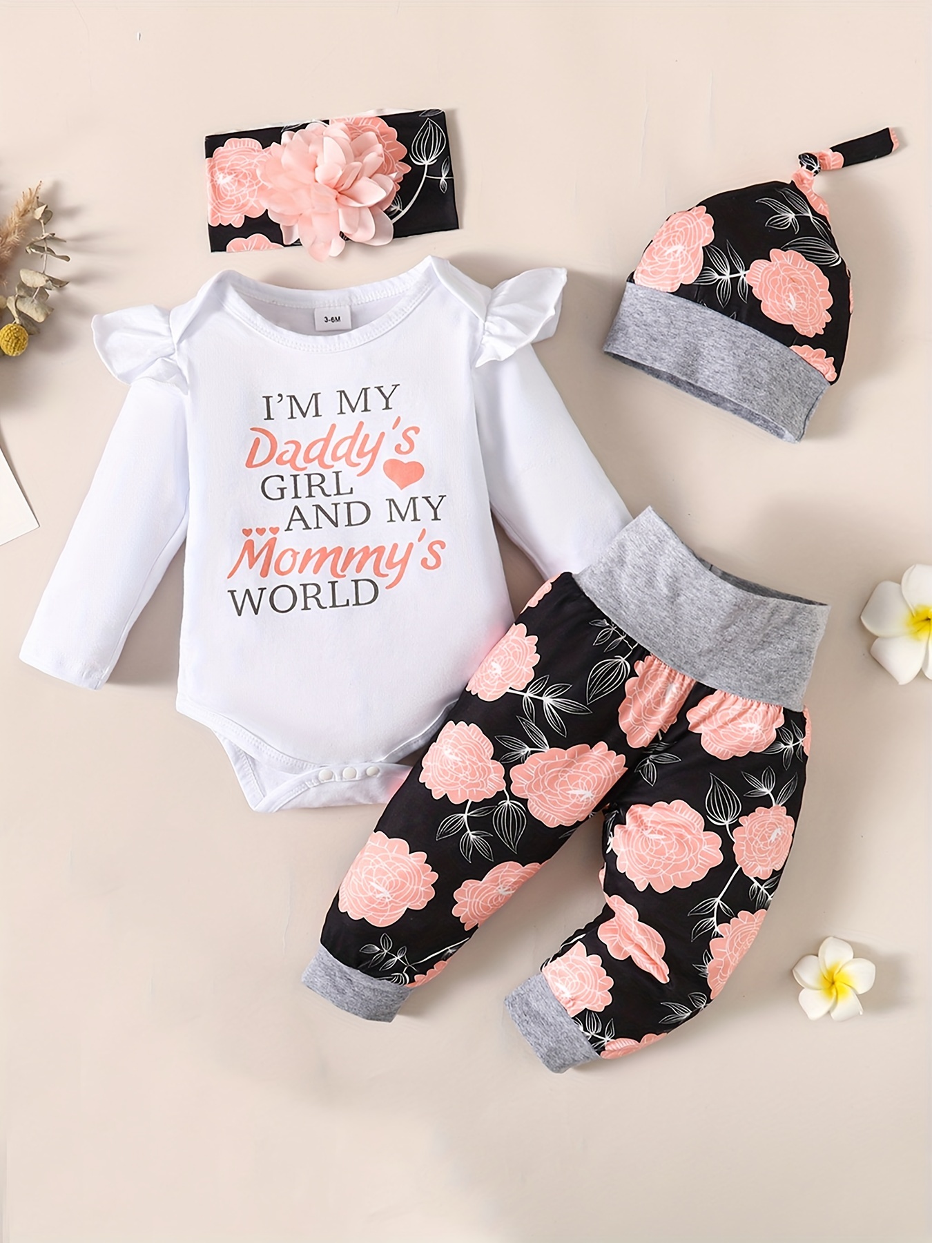 Infant Baby Comfy & Cute Outfit - Letter Graphic Romper + Floral Print  Pants + Headband Set