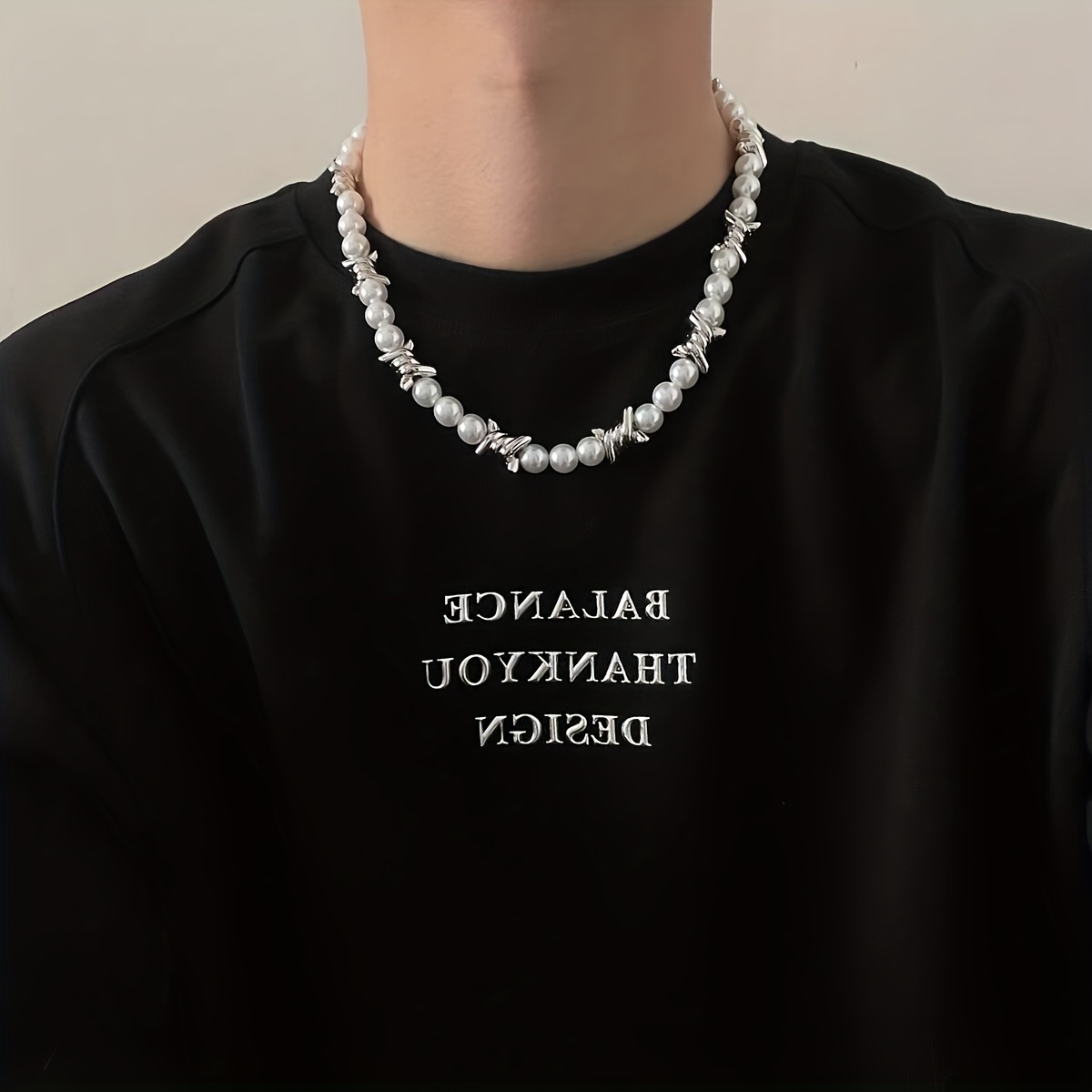 Thorns Stitching Pearl Necklace Choker for Men