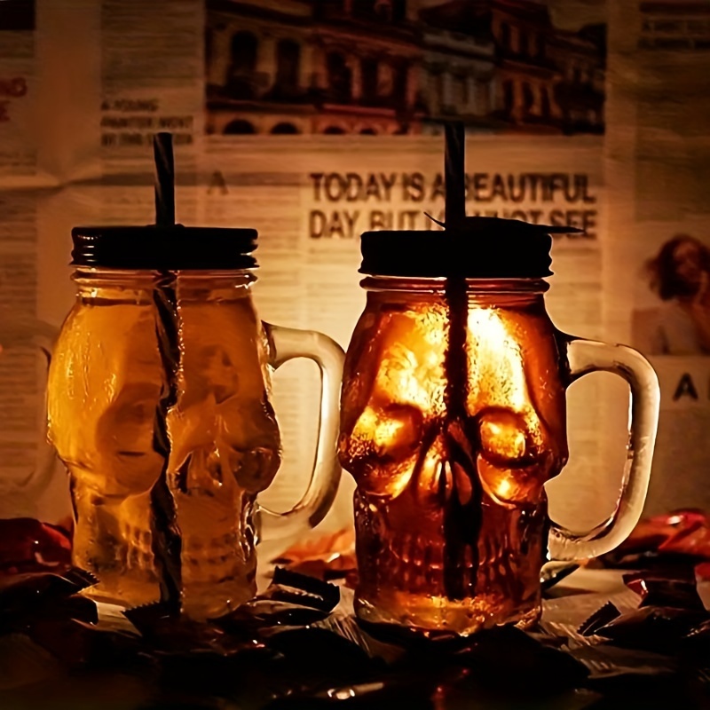 2022 New Creative Skull Glass Gradient Mason Bottle With Handle Cover Skull  Beer Cup With Straw Water Tumbler