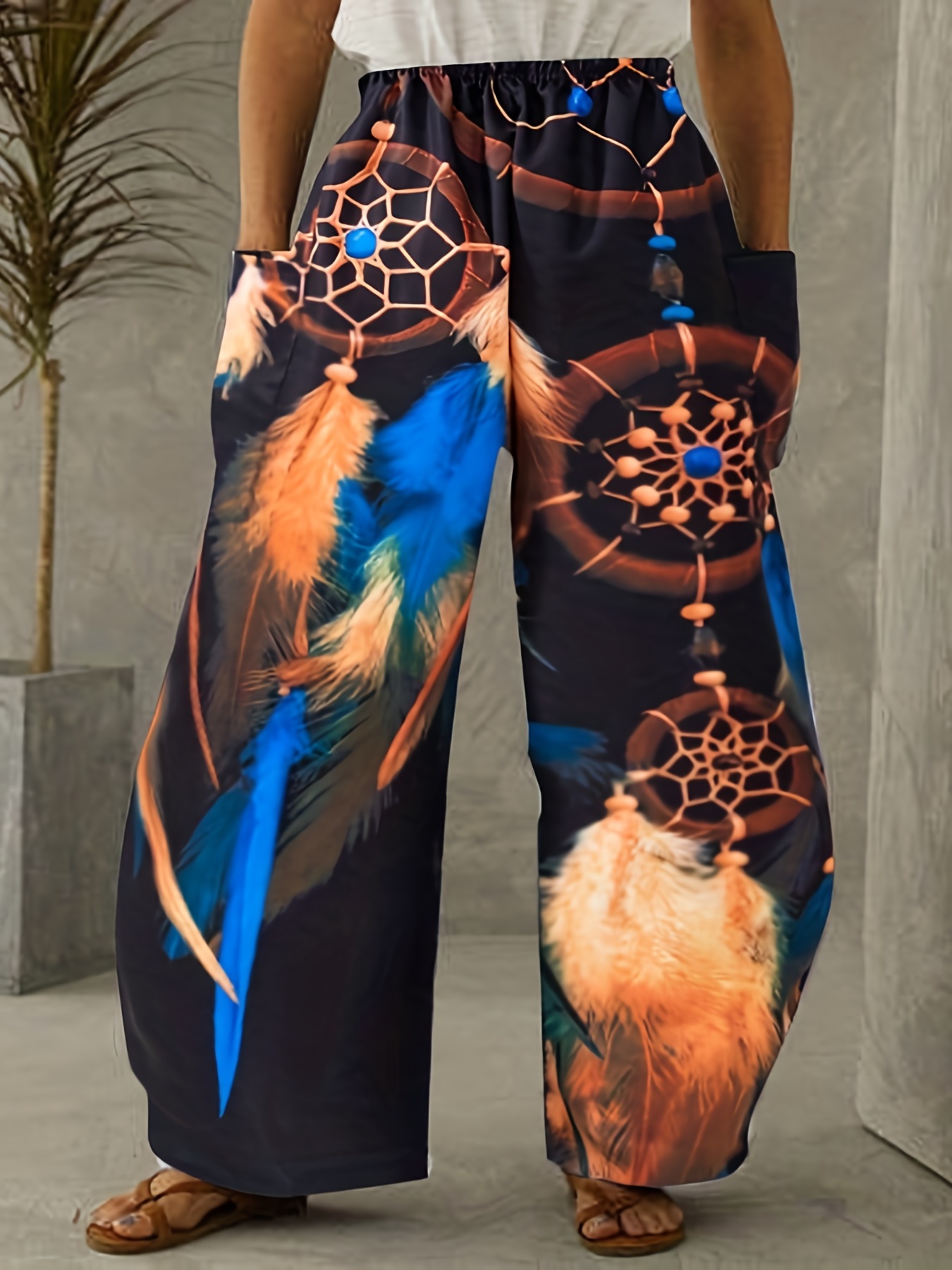 Graphic Print Wide Leg Pants Boho Elastic Waist Patched - Temu Canada