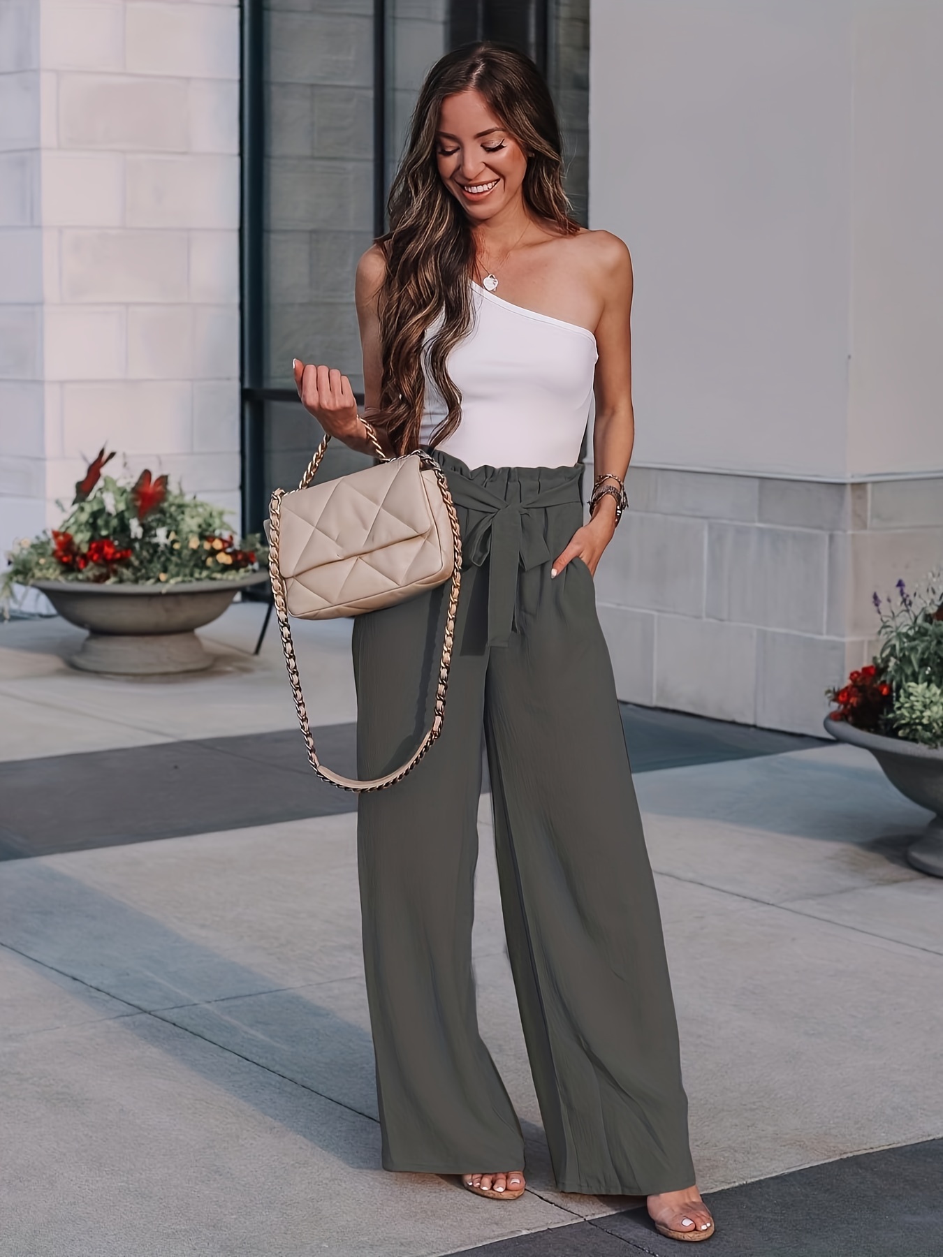 ECOWISH Wide Leg Pants for Women 2023 Palazzo Pants High Waisted Business  Casual Loose Flared Trousers with Pockets 347 Army Green Small at Amazon  Women's Clothing store