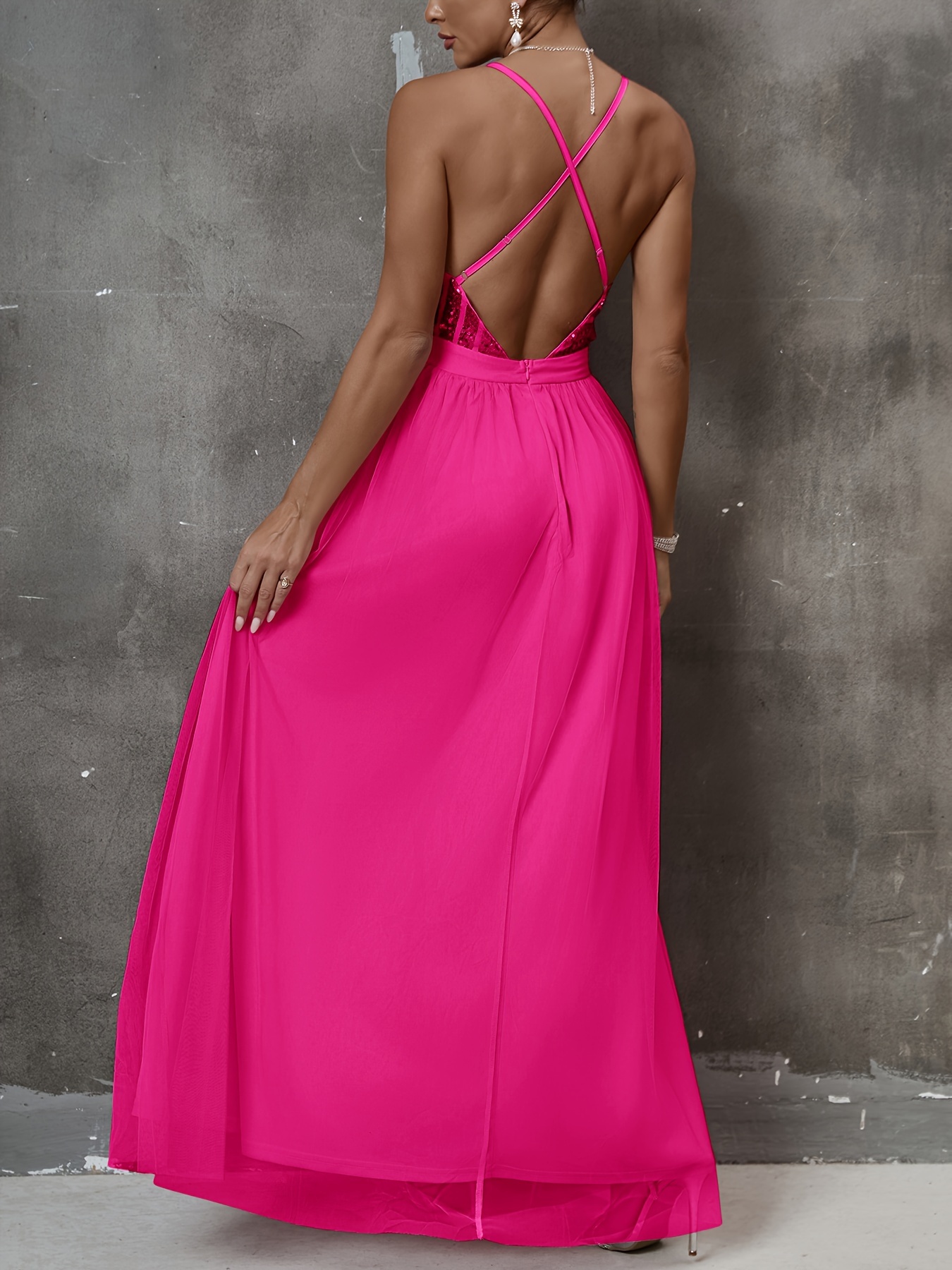 Pleated Contrast Sequin Dress Sexy Plunging Backless Dress - Temu