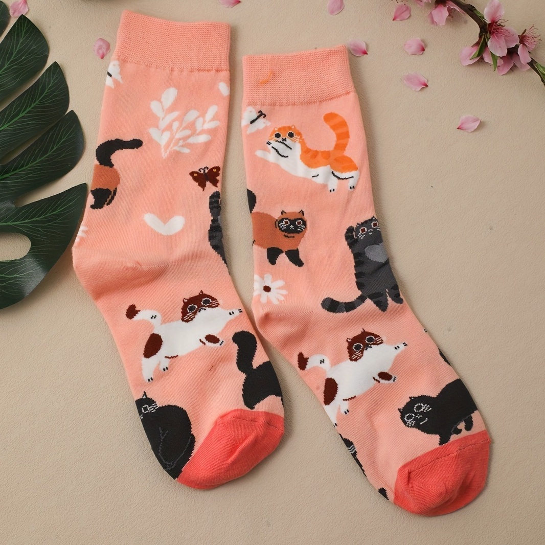 

Cartoon Cat Print Socks, Comfy & Cute Mid Tube Socks, Women's Stockings & Hosiery