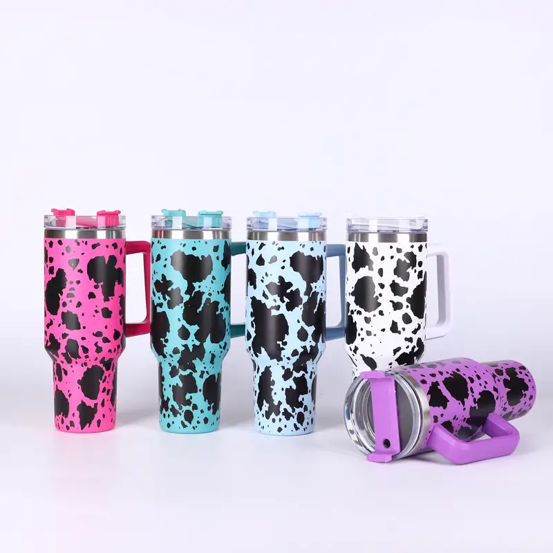 Insulated Cow Print Tumbler With Handle And Straw Lid - Temu