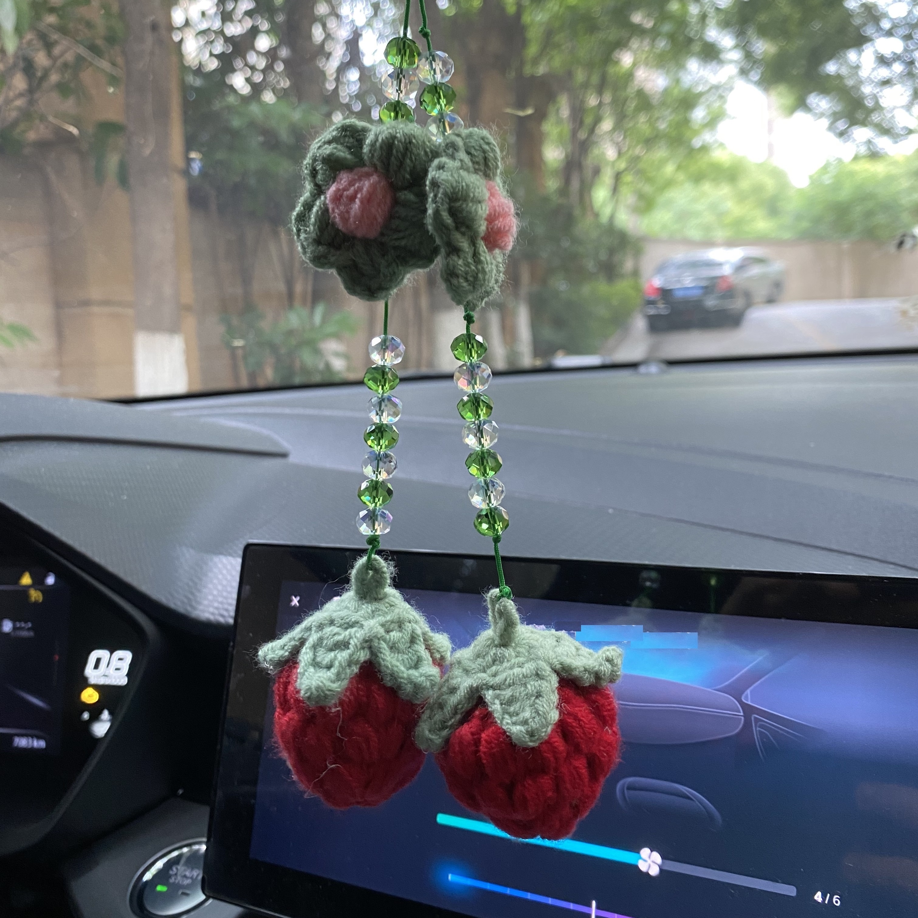Cute Crochet Strawberry Decor Car Hanging Ornament Rear View Mirror  Accessories, Car Mirror Hanging Accessories Knitted Decor For Women
