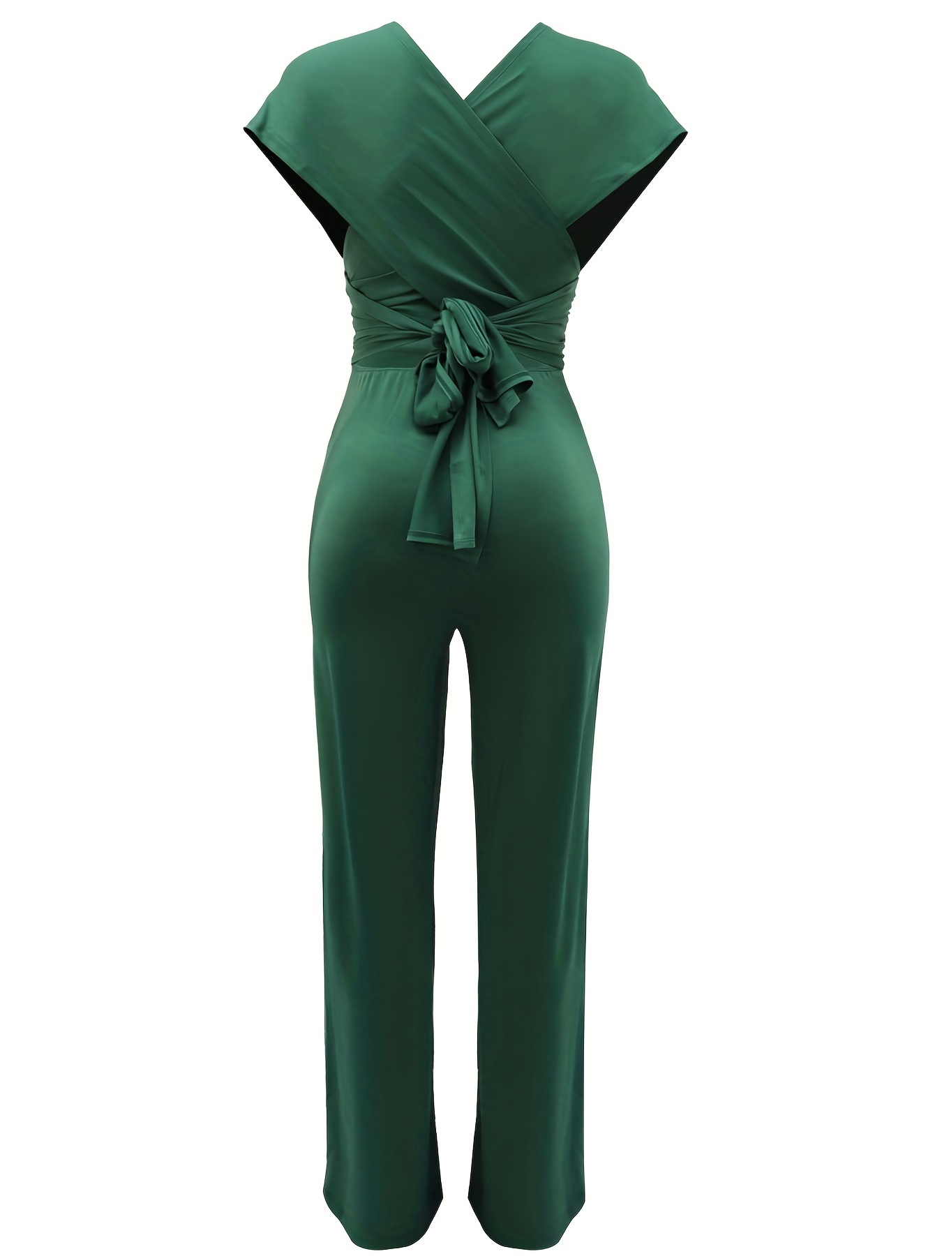 Tie Back Plunging Jumpsuit Elegant Short Sleeve Solid Wide - Temu