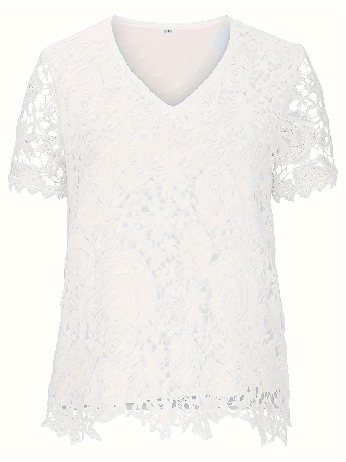White Short Sleeve Scoop Neckline Lace Detailing Top