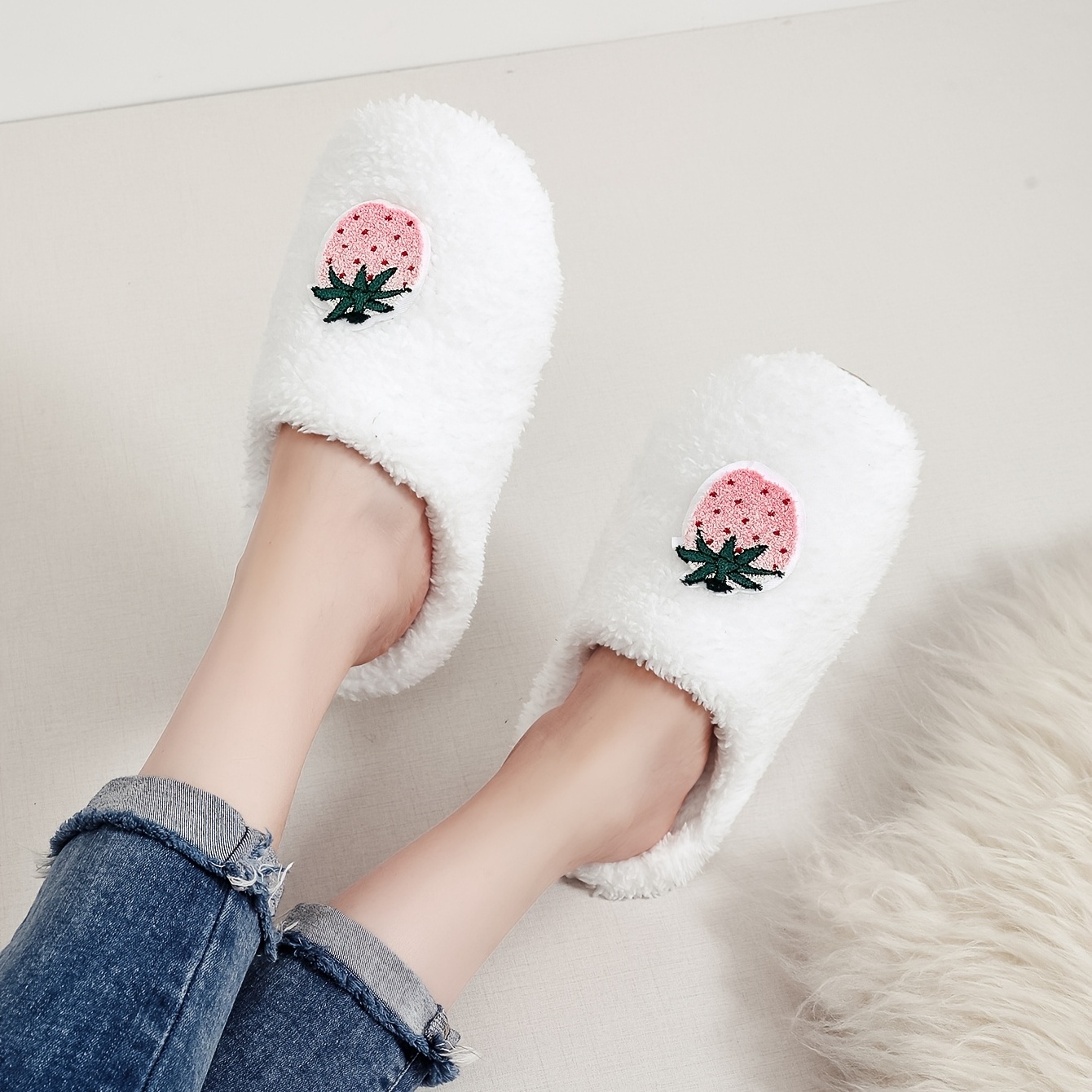 Women's Cute Strawberry Plush Slippers Warm Slip Fuzzy Home - Temu