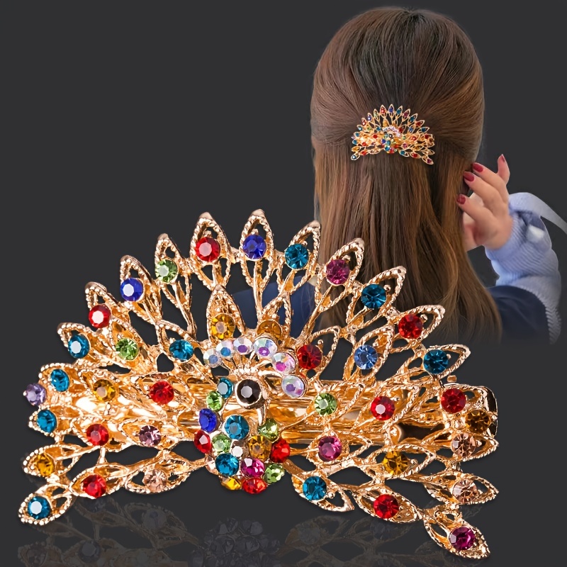 Image of [] Elegant Peacock-inspired Hair Clip - Large Alloy Spring Clamp With Colorful Gemstones, Vintage Oval Barrette For Stylish Updos & Side Hair, Sparkling Multicolor Accessory, Peacock Decor