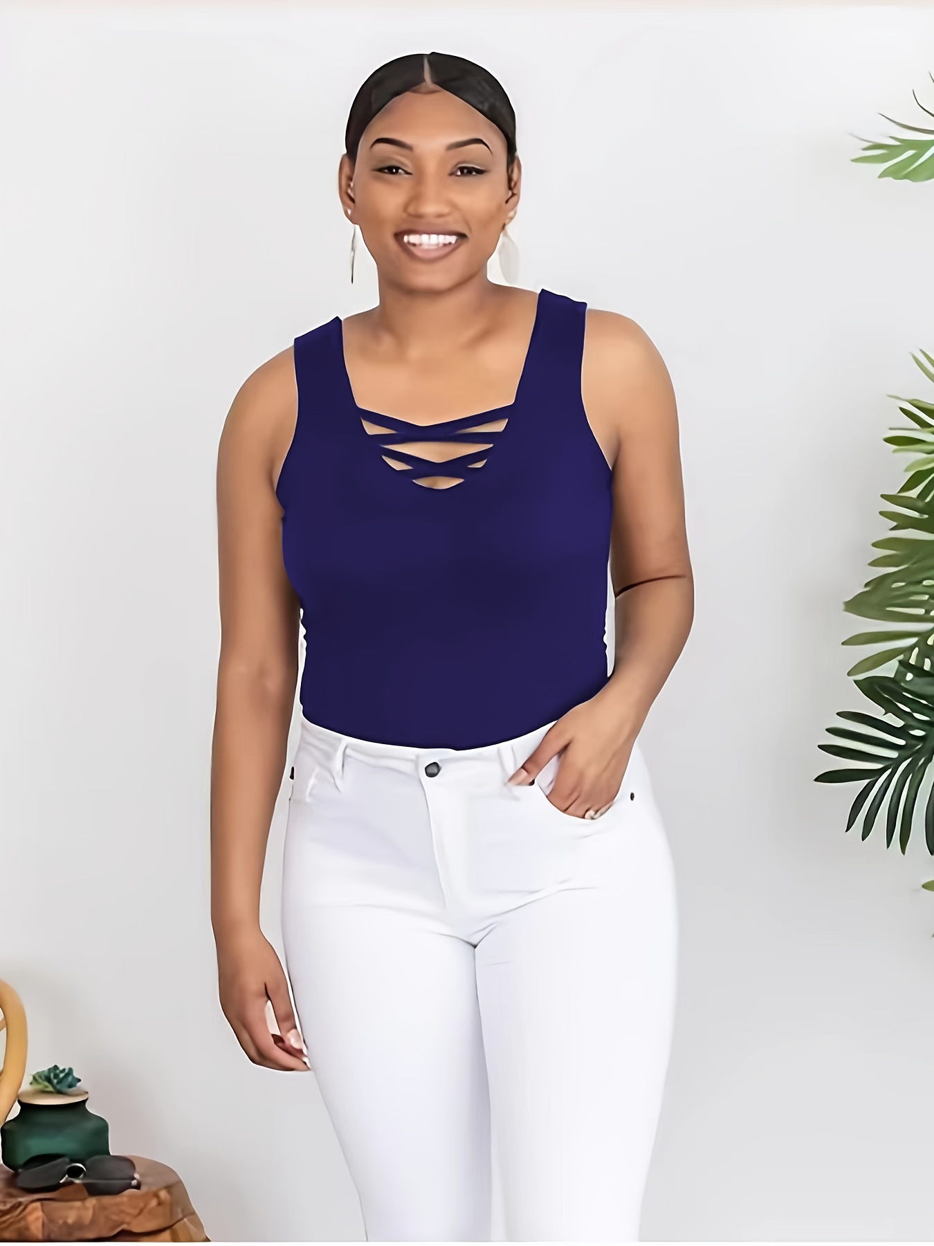 Plus Size Basic Criss Cross Round Neck Tank Top Women's Plus - Temu