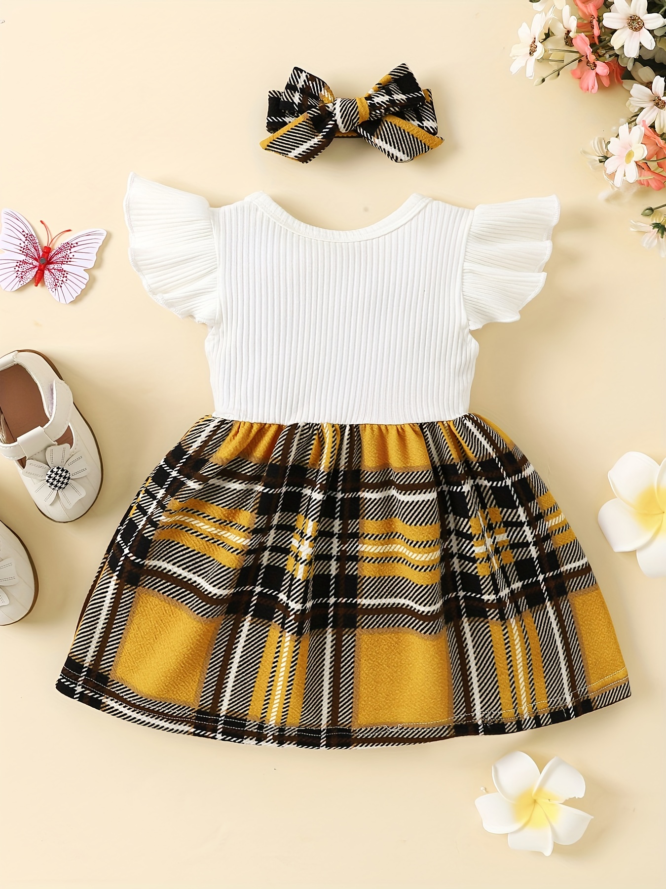 SUNSIOM Toddler Baby Girls Summer Dress Fly Sleeve Bow Front Plaid Print  A-line Dress with Headband 0-3Years Baby Clothes - AliExpress
