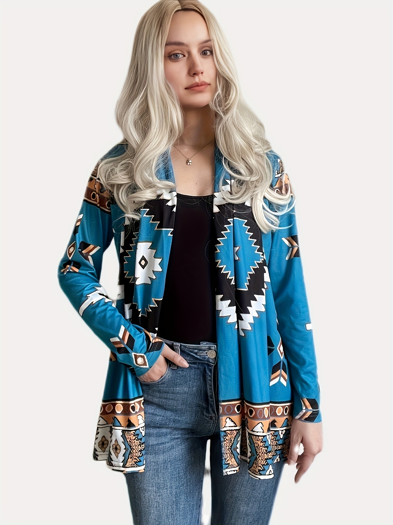 Plus Size Boho Cardigan Women s Plus Geometric Print Long Temu Canada