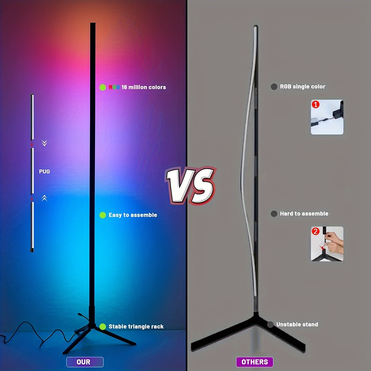 RGB LED Floor Corner Lamp Light Stand Bluetooth Streaming Gaming