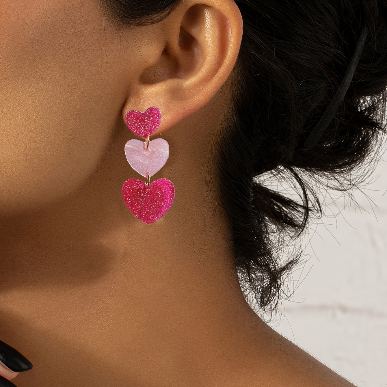 Pink Peach Heart Three Layer Earrings