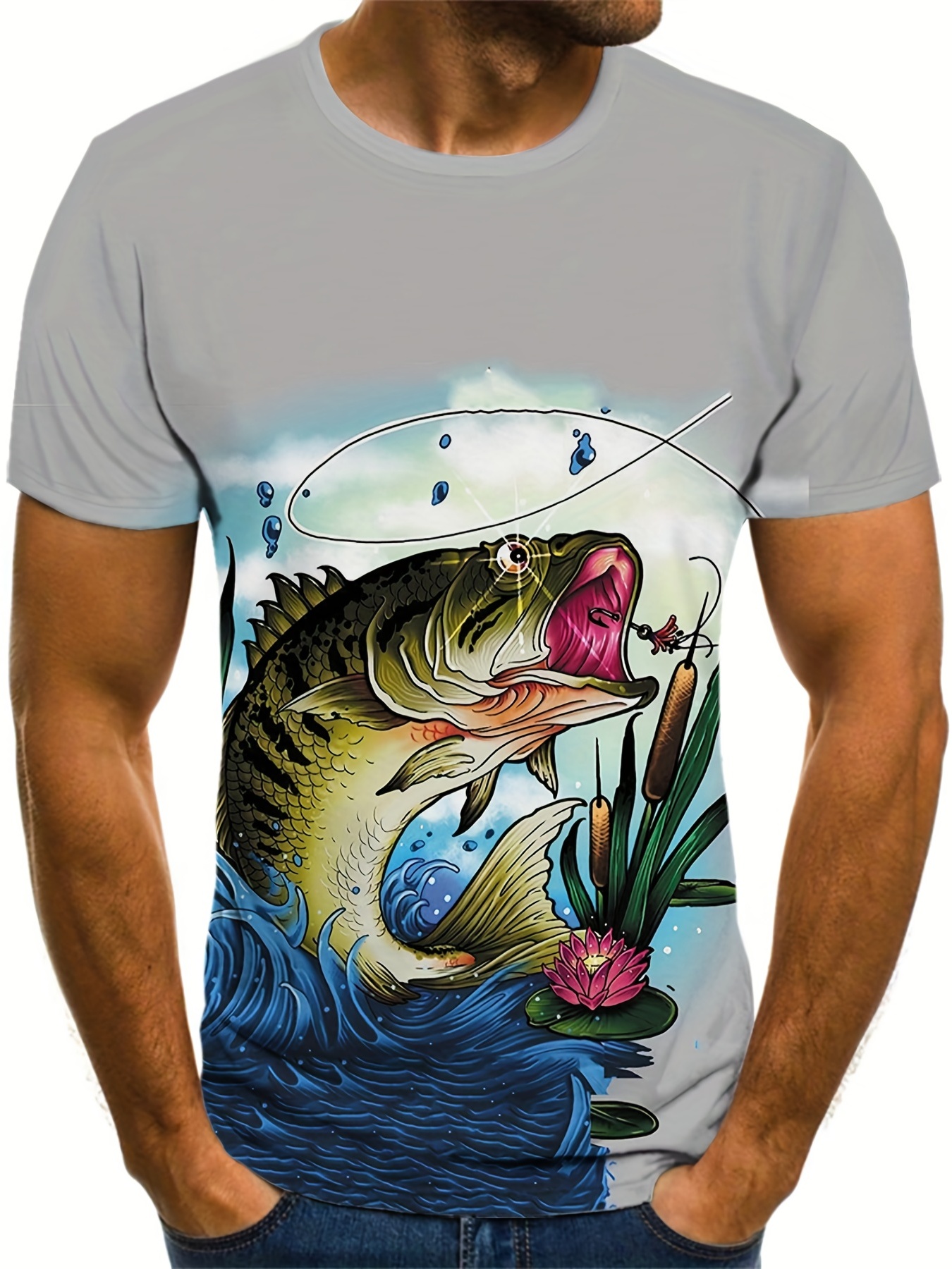 Funny Fish Print Men's Graphic Design Crew Neck Active T - Temu New Zealand