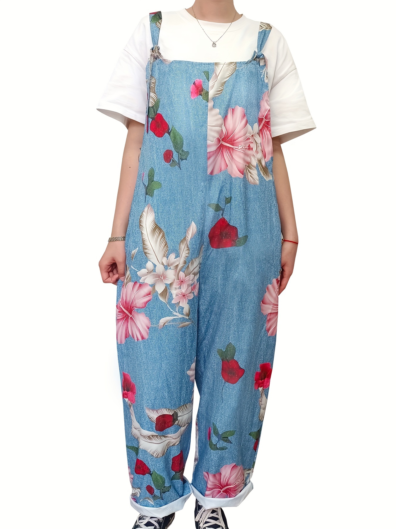 Plus Size Boho Jumpsuit Women's Plus Floral Print Surplice - Temu