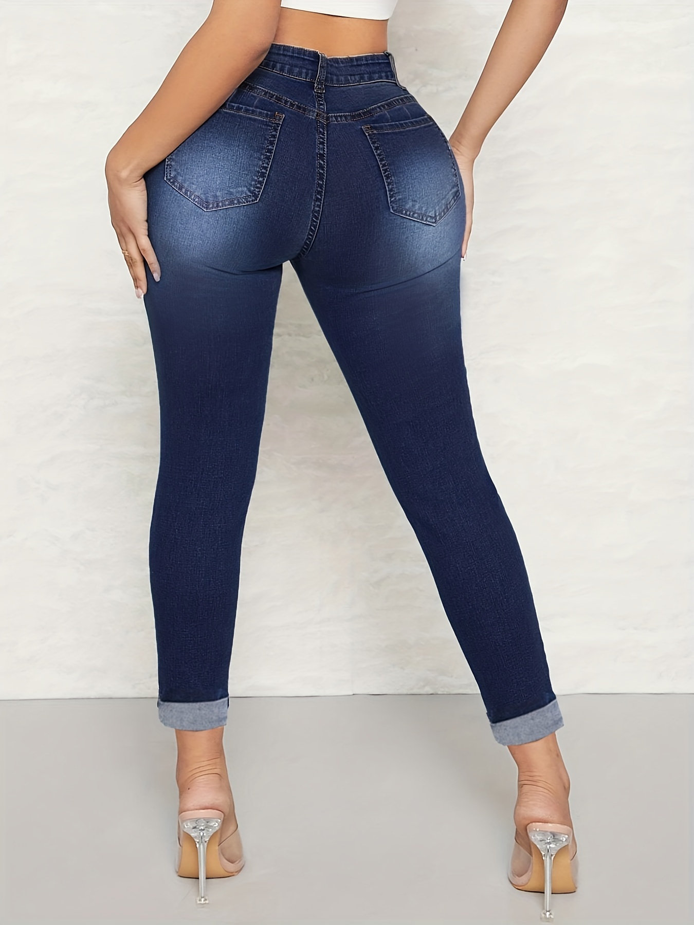 Dark Blue Ripped Holes Skinny Jeans, Slim Fit Slash Pockets Slight-Stretch  Curvy Denim Pants, Women's Denim Jeans & Clothing