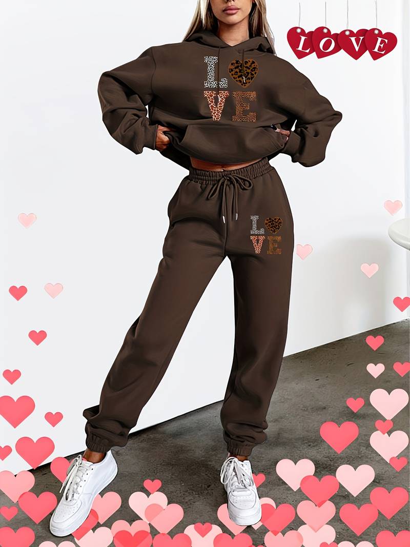 Survêtement Femme 2 Pièces - Sweat à Capuche Et Pantalon Taille Haute - Motif Cœur - Polaire Douce - Tenue Décontractée Pour Automne/hiver
