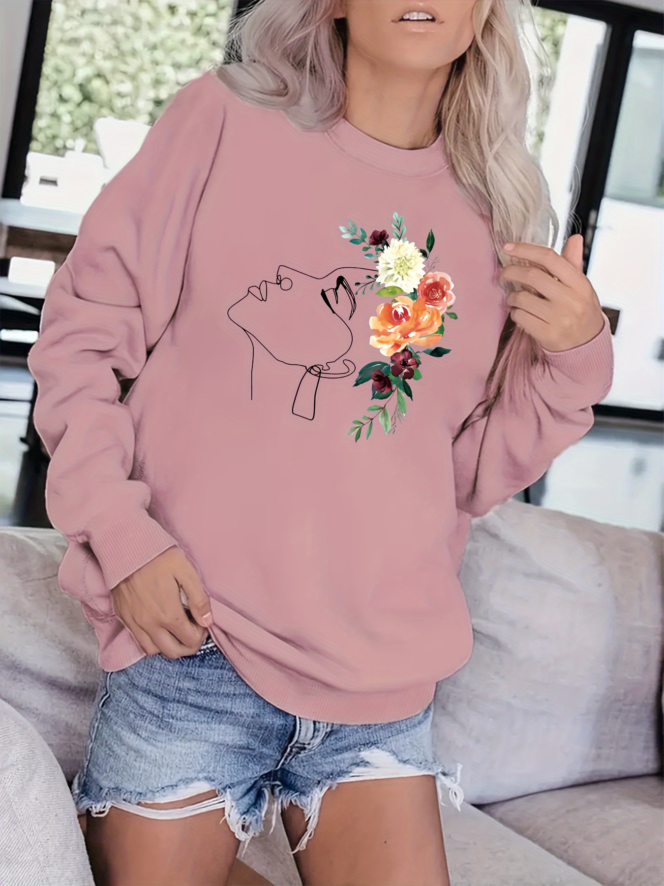 Flower Portrait Print Pullover Sweatshirt Casual Long Sleeve - Temu