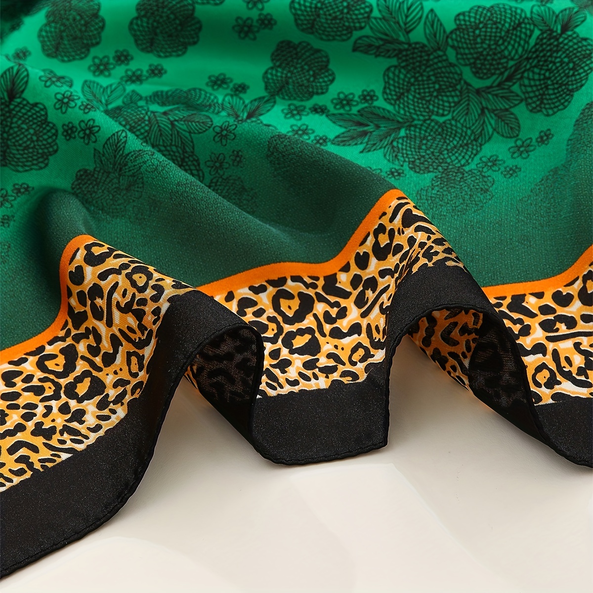Green Leopard Print Bandana Satin Square Scarf