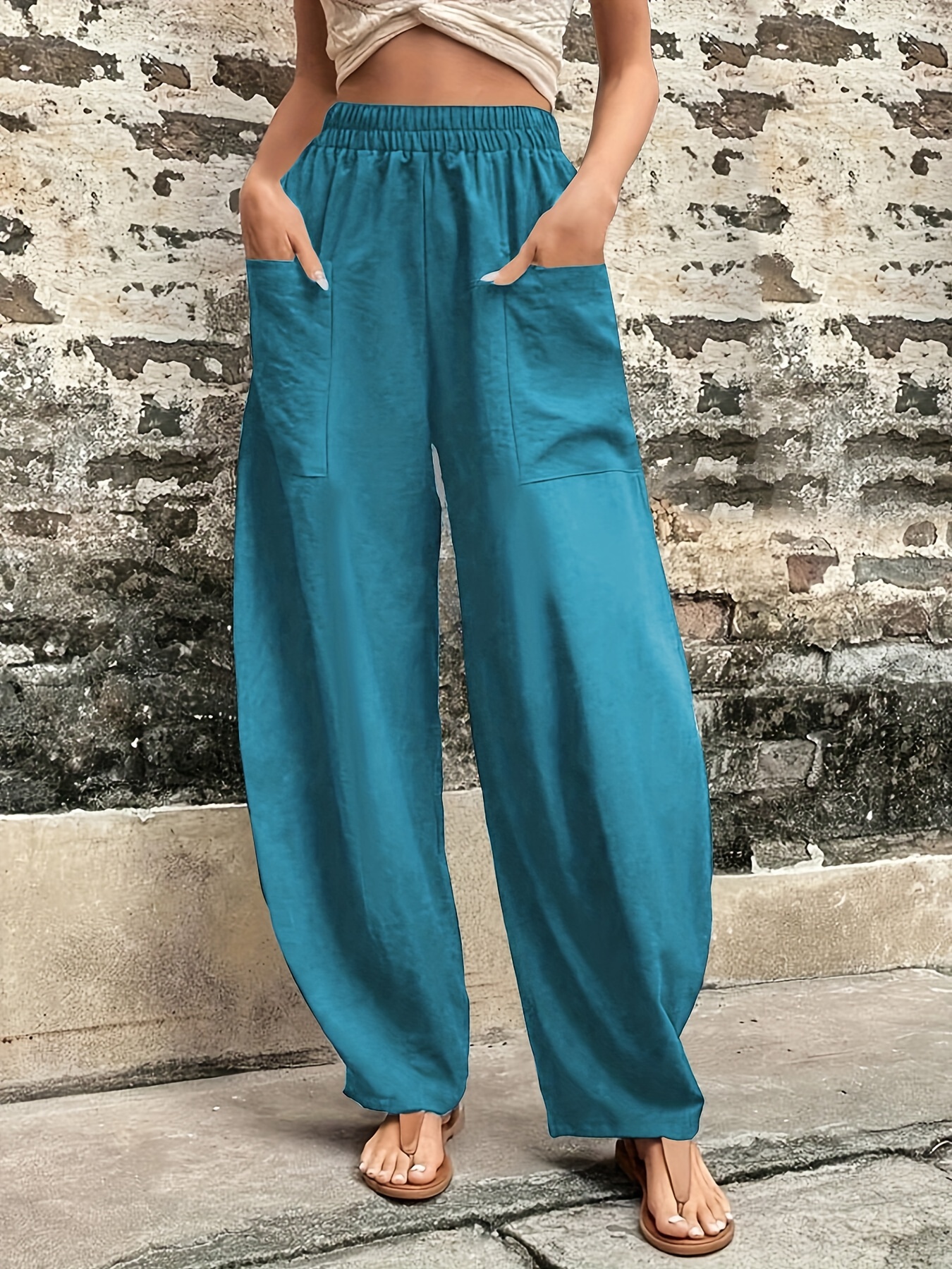 Solid Elastic Pockets High Waist Long Length Pants Casual - Temu