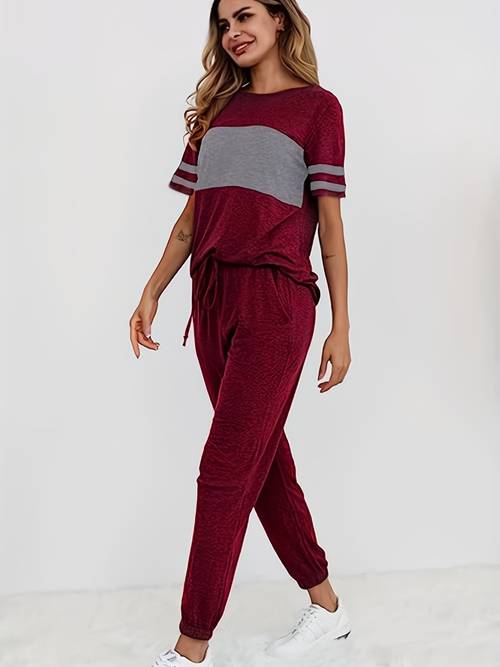 casual colorblock two piece set crew neck short sleeve top drawstring pants outfits womens clothing