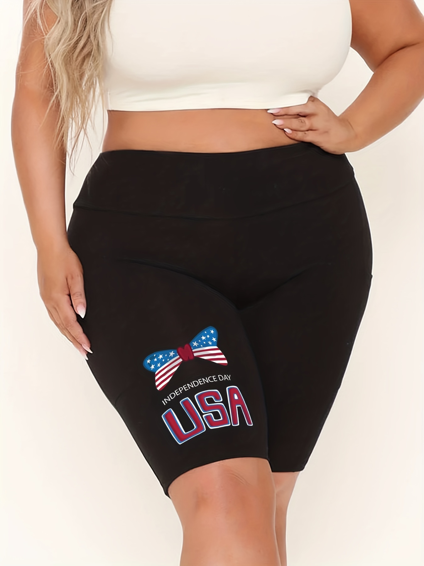 Women's Plus Size Flag Pattern Bow & Letter Print High Rise Slim Fit Biker Shorts