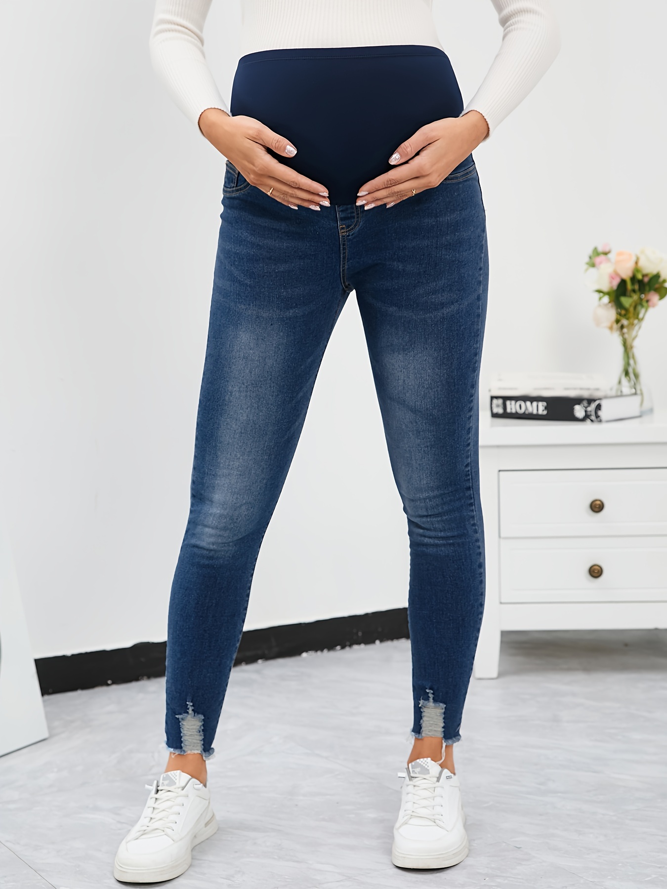 Comfy Stretchy High Waist Maternity Slim Ripped Denim Jeans - Temu United  Kingdom