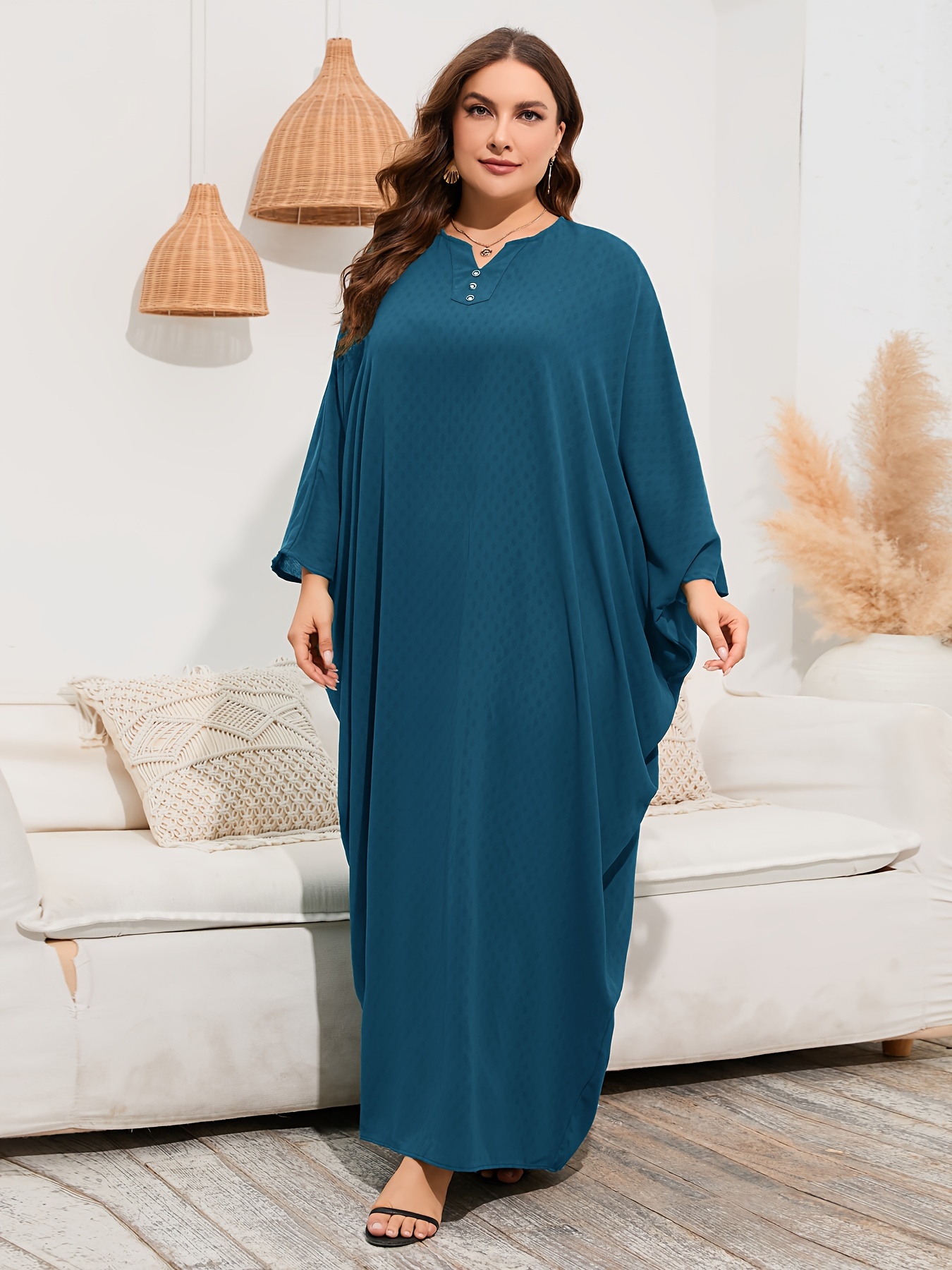 Ramadan Solid Batwing Sleeve Kaftan Dress Elegant Notched Temu