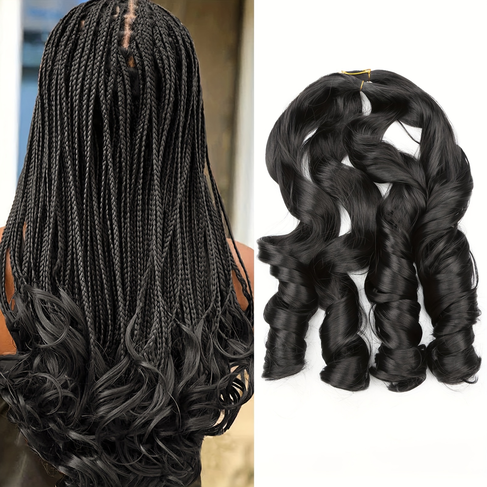 24Inch Long Curly Ends Box Braids Crochet Braiding Hair Extensions Black  Color Synthetic Box Braids With Wavy End Crochet Braids For Woman Girls 22