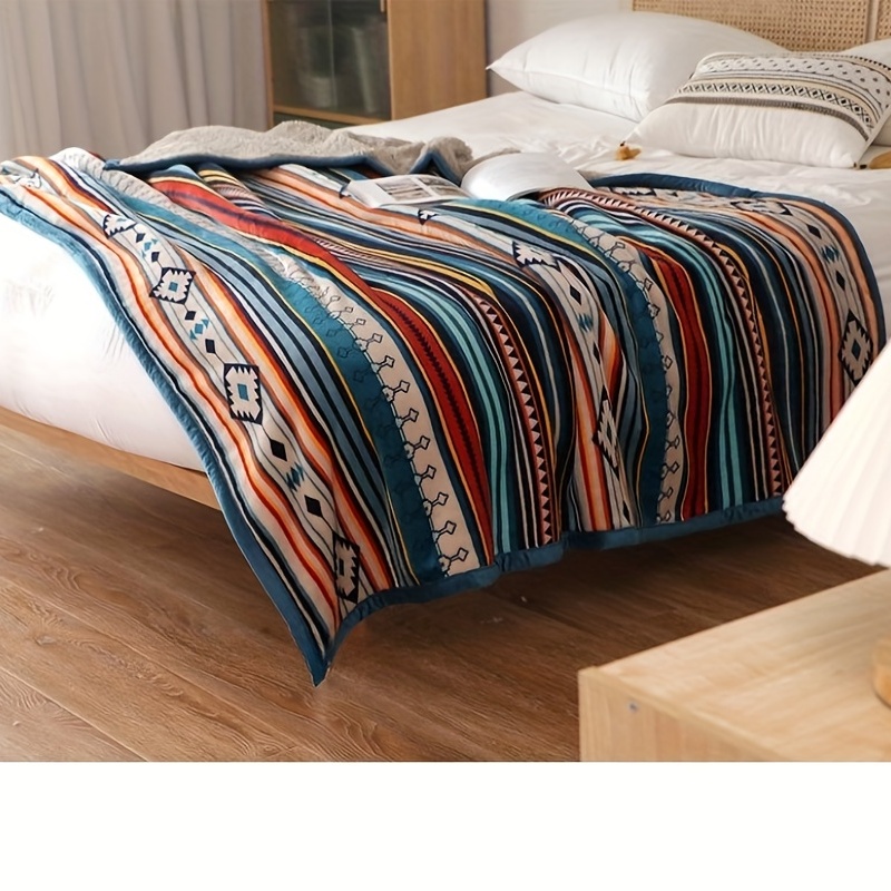 1pc bohemian style plaid striped sofa blanket thickened cashmere blanket flannel nap blanket student nap blanket office air conditioning blanket ramadan 4