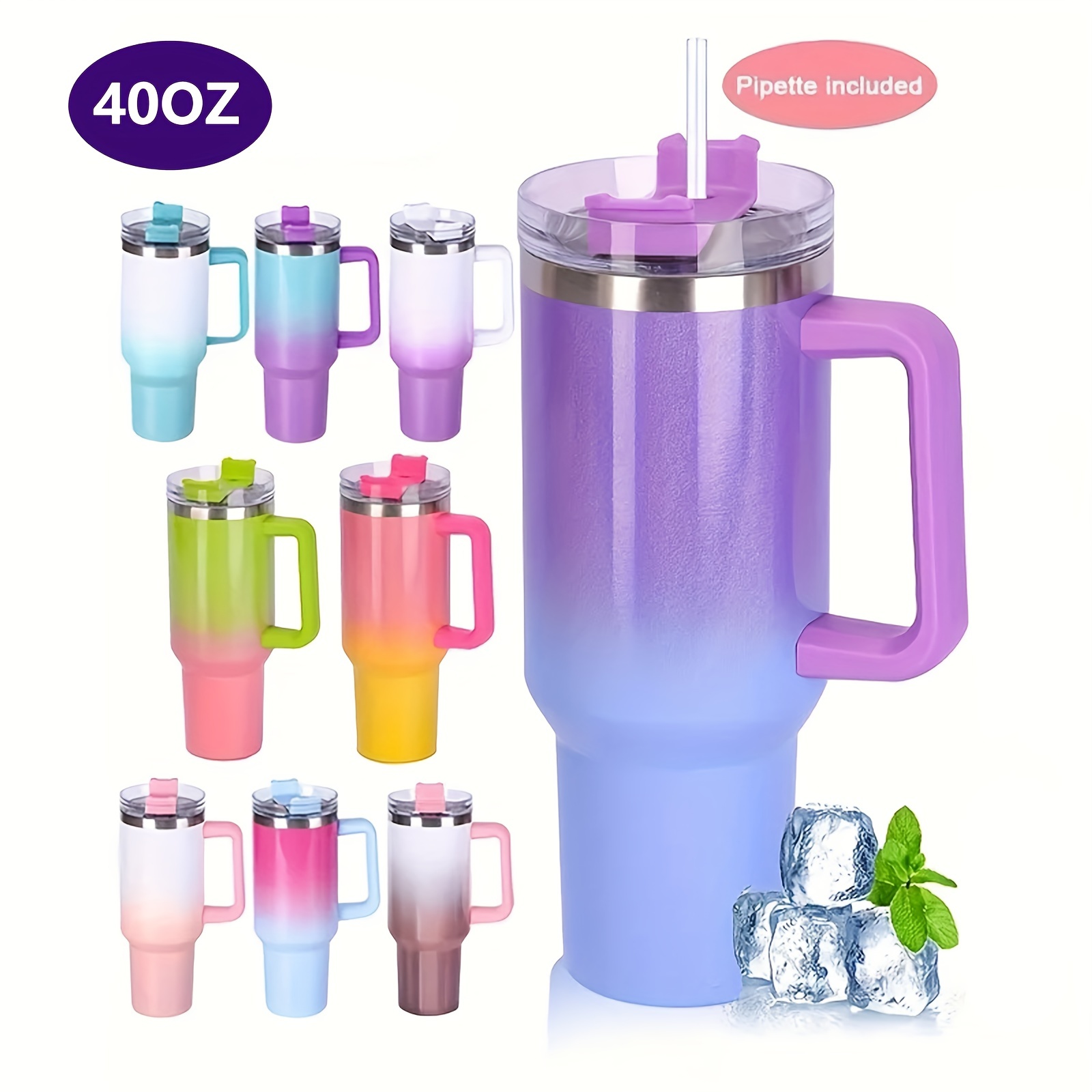 1pc 40oz Stainless Steel Insulated Cup With Straw, Lid, Rainbow