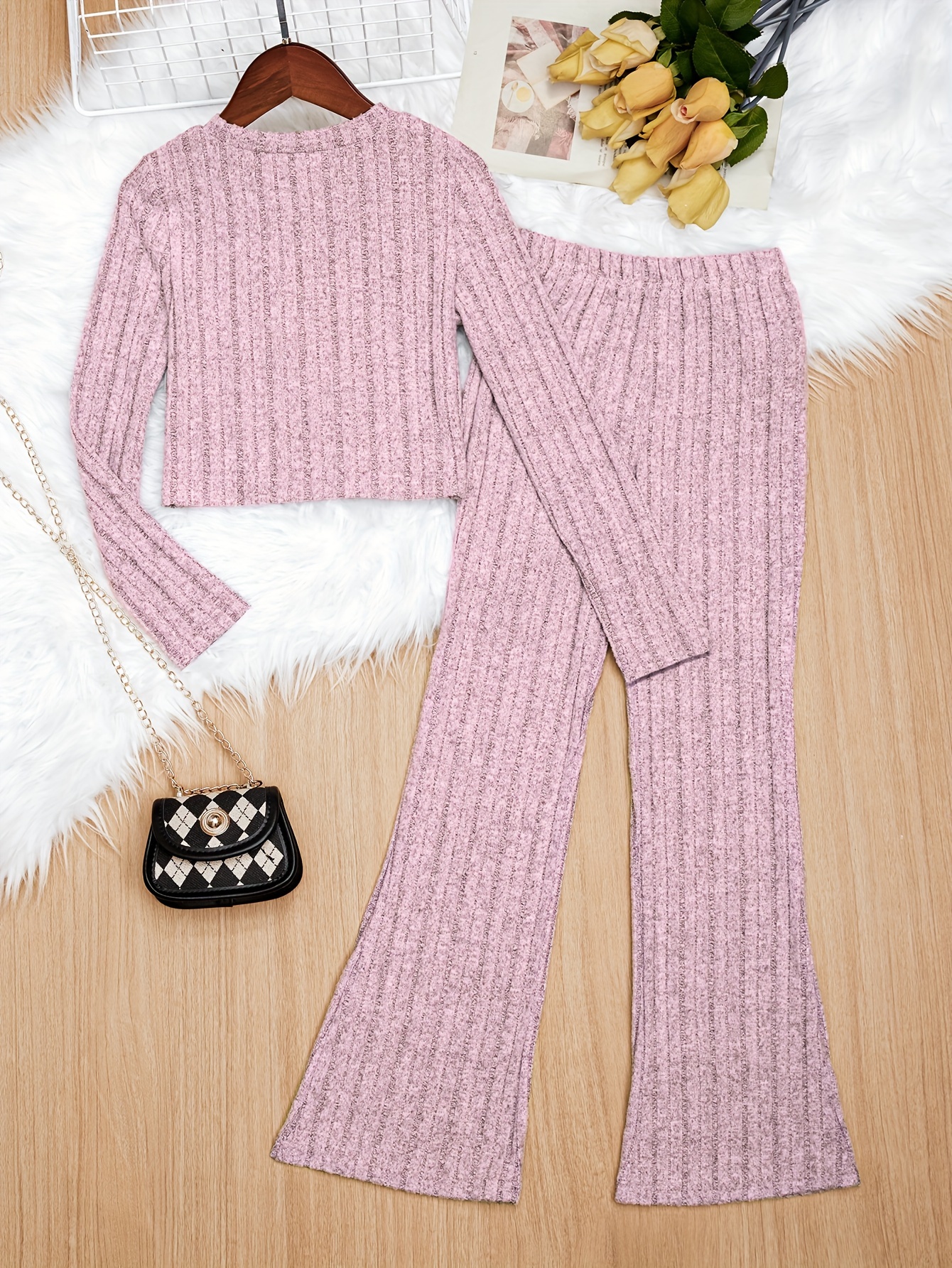 Girl's Causal Ribbed Outfit Long Sleeve Top Flare Pants Set - Temu Canada