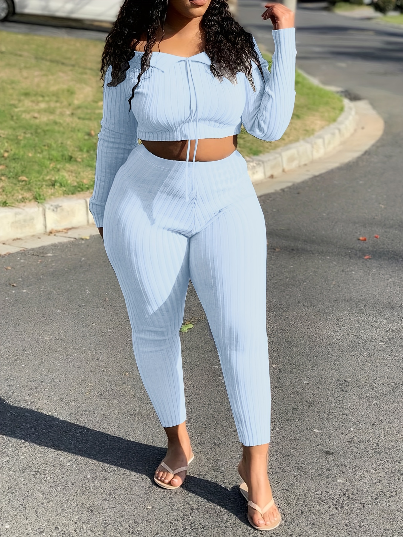 Casual Solid Two piece Set Crew Neck Long Sleeve Crop Top - Temu