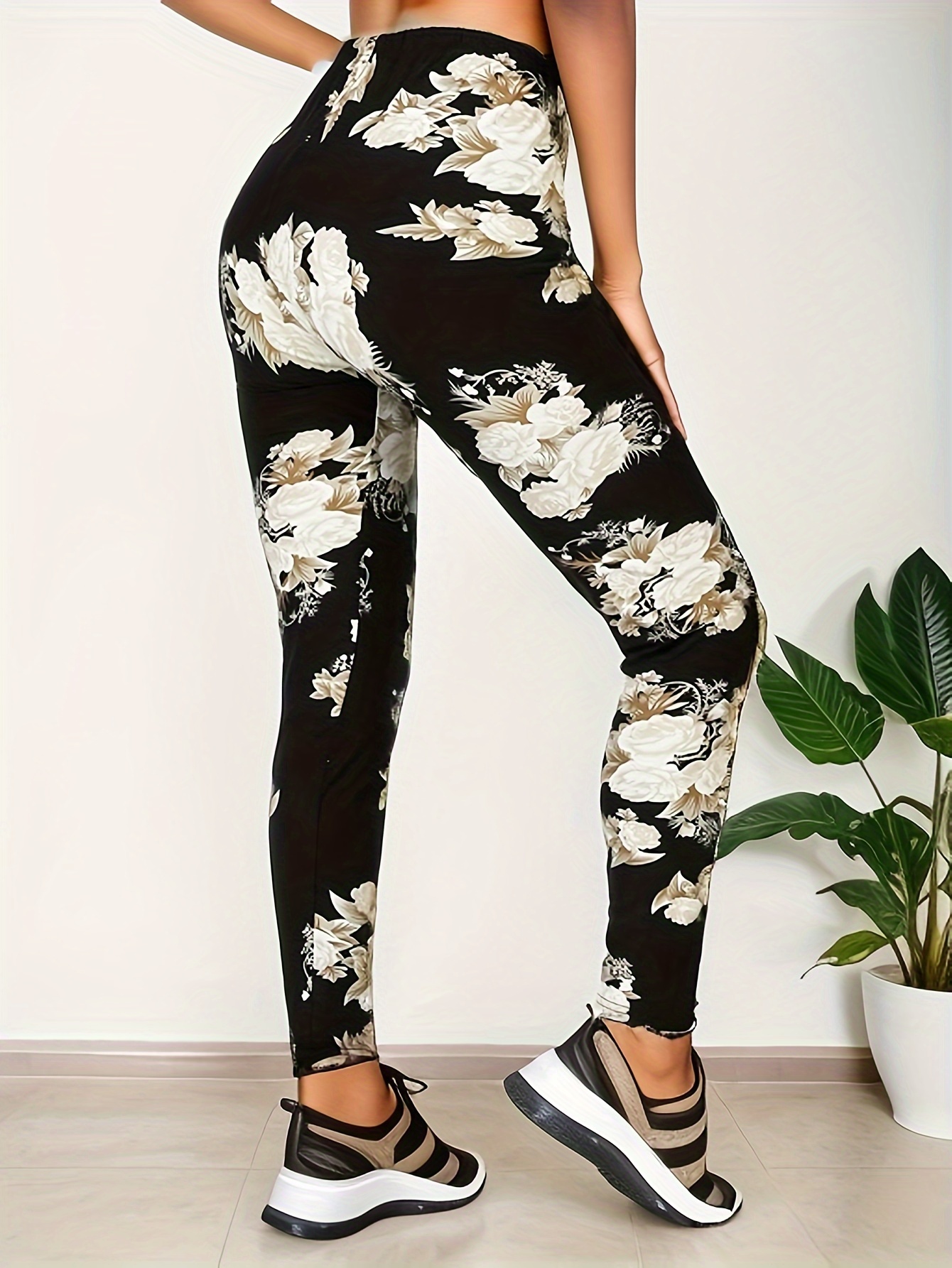 floral print skinny leggings casual elastic waist stretchy leggings womens clothing black 0