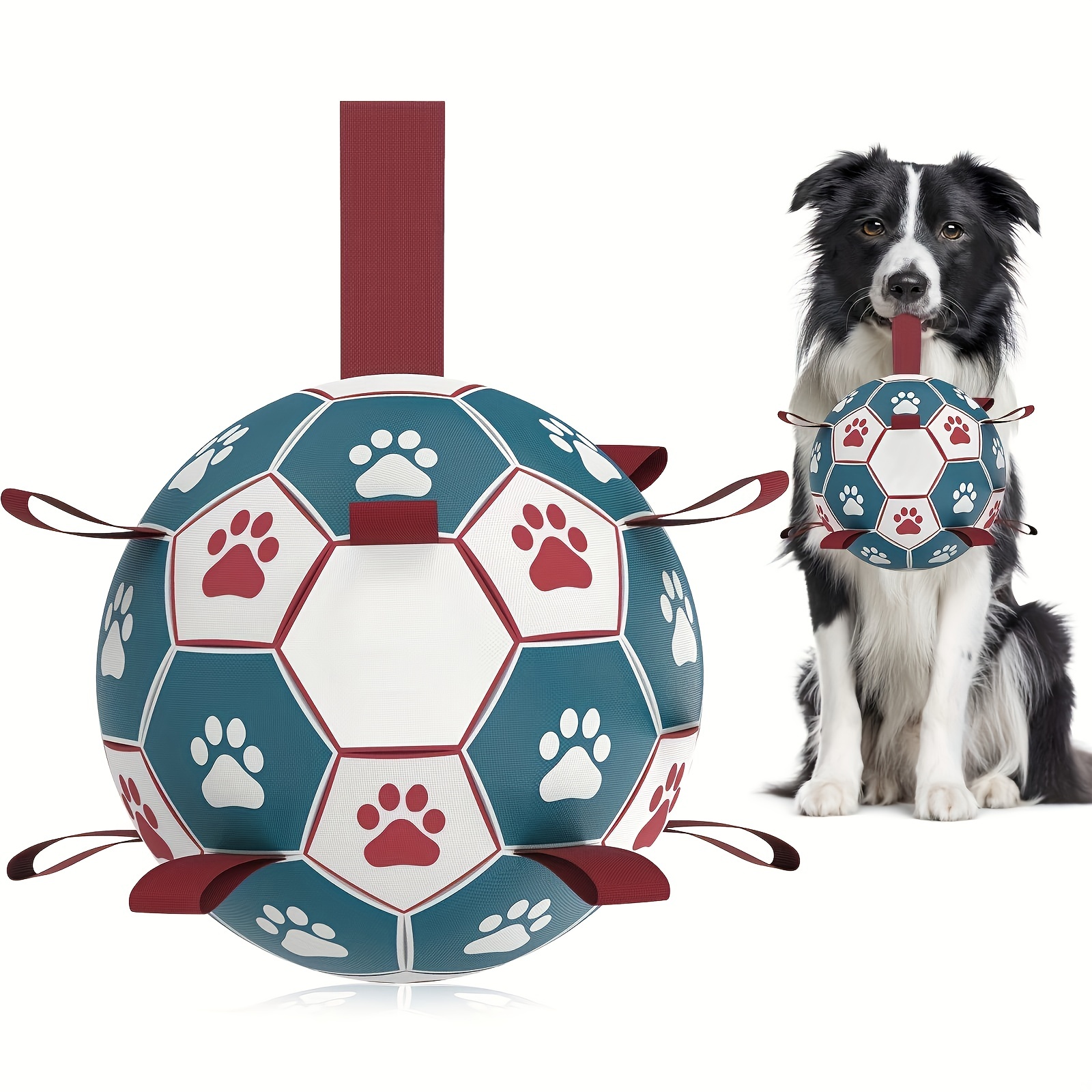 

Color Block Dog Toy Soccer Ball With Nylon Straps, Interactive Tough Rubber Dog Toy For Tug Of War, Durable Dog Toy Ball For Small Medium And Large Dogs