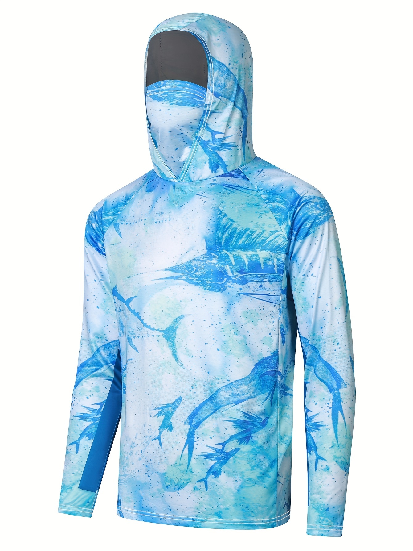 Men's Upf 50+ Sun Protection Hooded Shirt With Mask, Active Fish Scale Print Quick Dry Slightly Stretch Long Sleeve Rash Guard For Fishing Hiking
