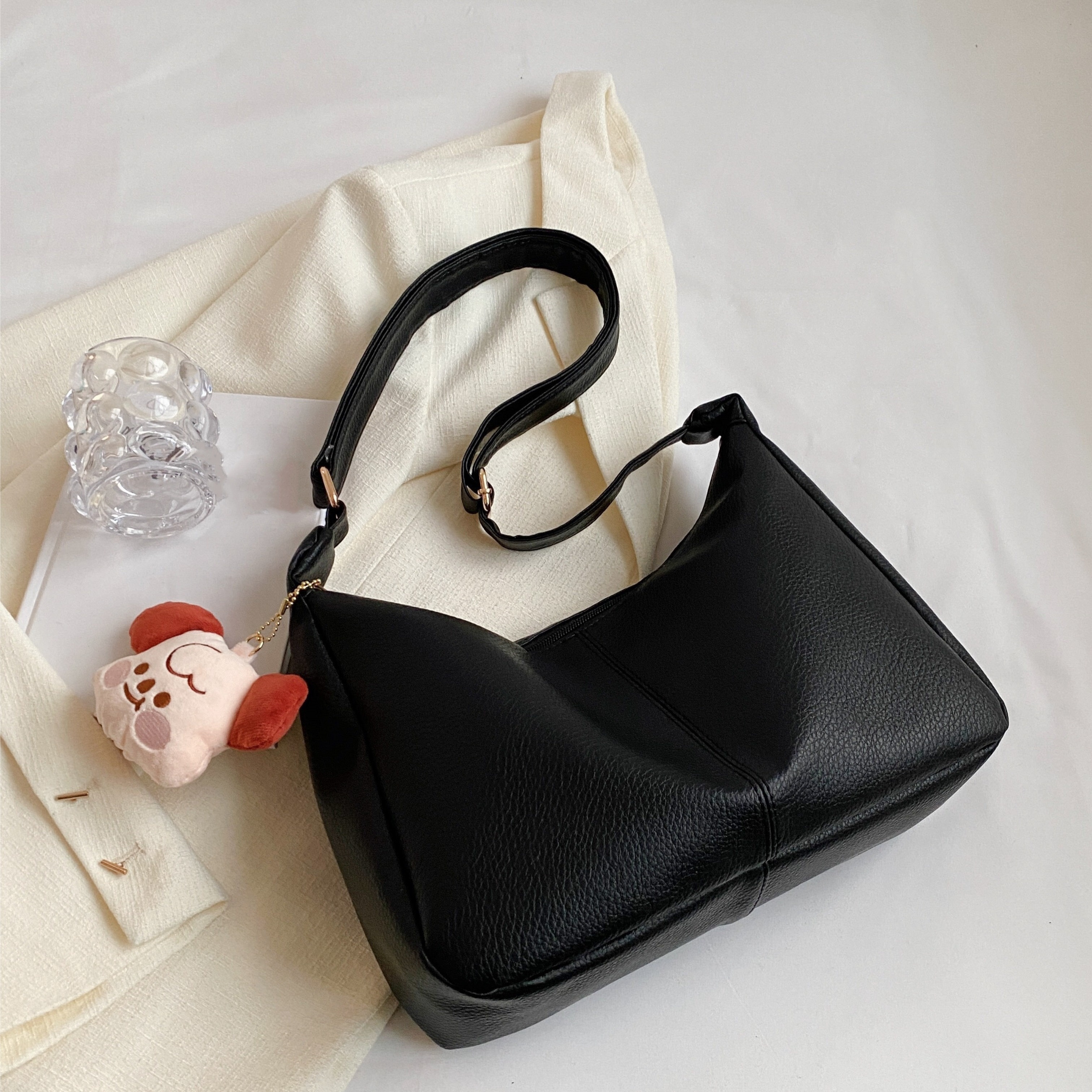 Unisex Chic Shoulder Bag Solid Color Sling Bag Large Capacity Soft Canvas  Adjustable Strap Daily Bag for Men Women