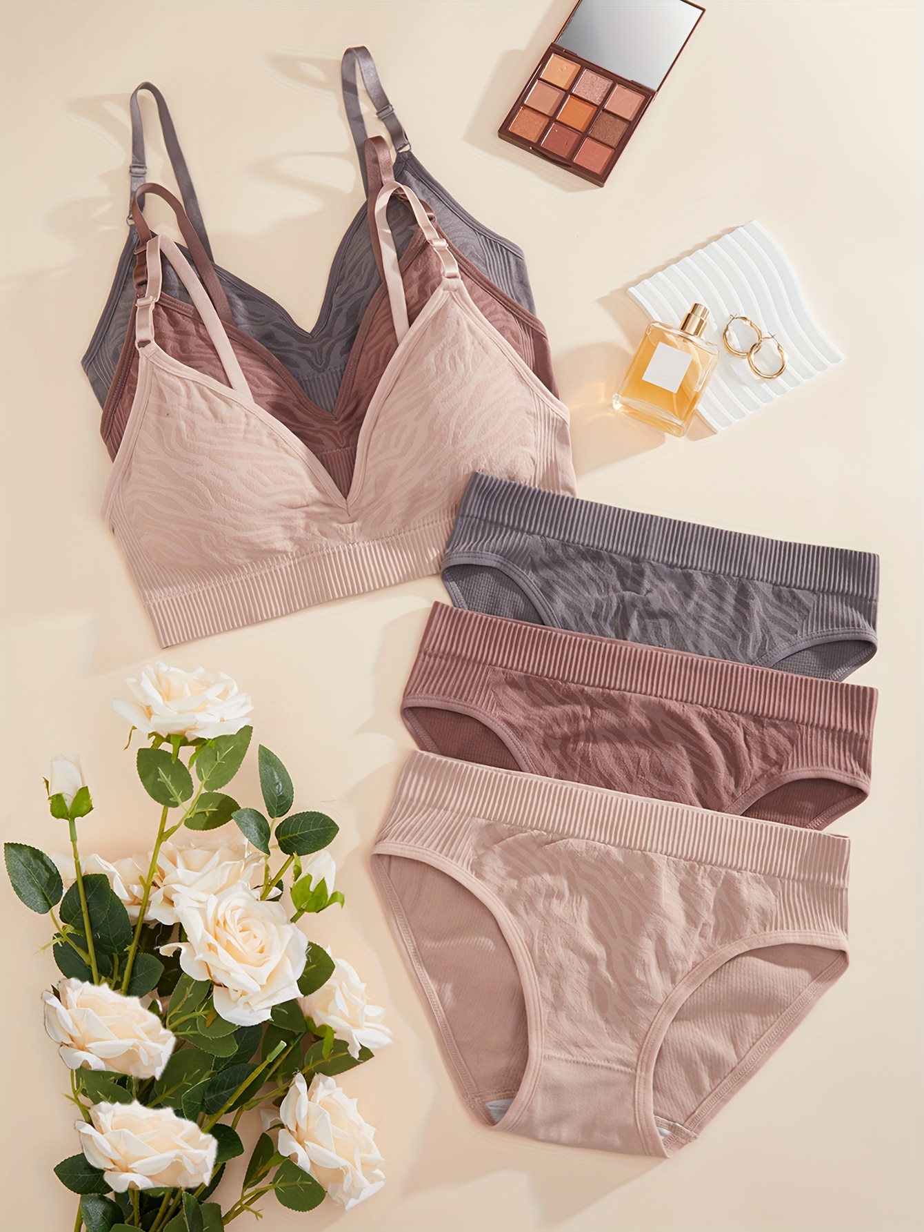 3 Sets Contrast Lace Bra & Panties, Wireless Bra & Letter Tape Panties  Lingerie Set, Women's Lingerie & Underwear