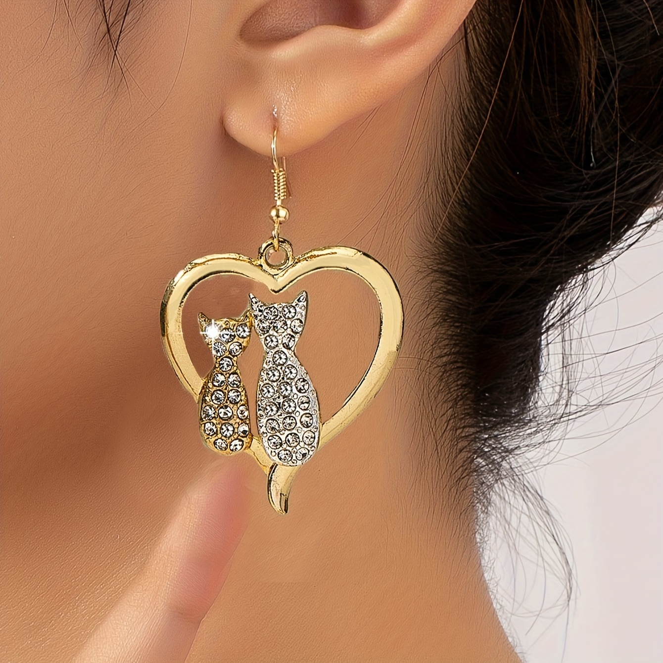 

1 Pair Elegant Heart Drop Earrings Cute Couple Cat Zircon Dangle Earrings Trendy Jewelry Accessories For Women Statement Earrings