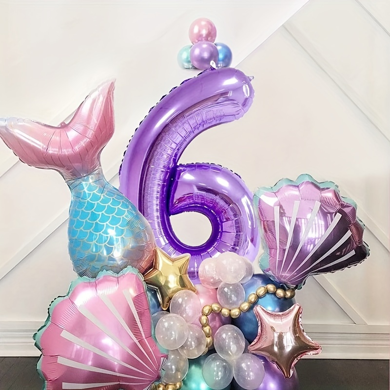 Set/17pcs, Conjunto De Globos De Sirena Morada De 2 Años, Globo De Número 2  Morado De 32 , Globo De Concha, Suministros De Decoración De Fiesta De Cu