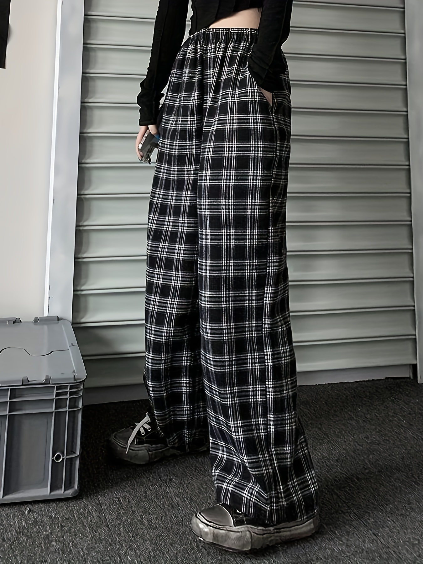 Plus Size Casual Pants Women's Plus Plaid Print Elastic High - Temu Canada