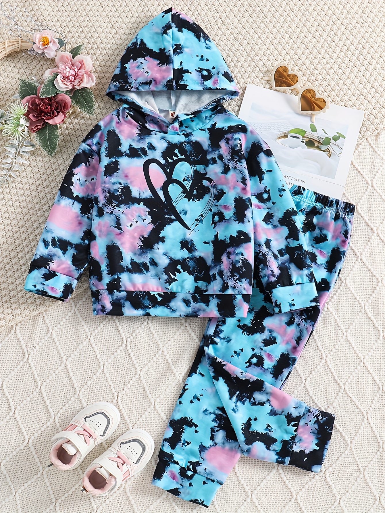 Girls Lightweight Tie Dye Set Kidlife Print Hoodies + Pants - Temu