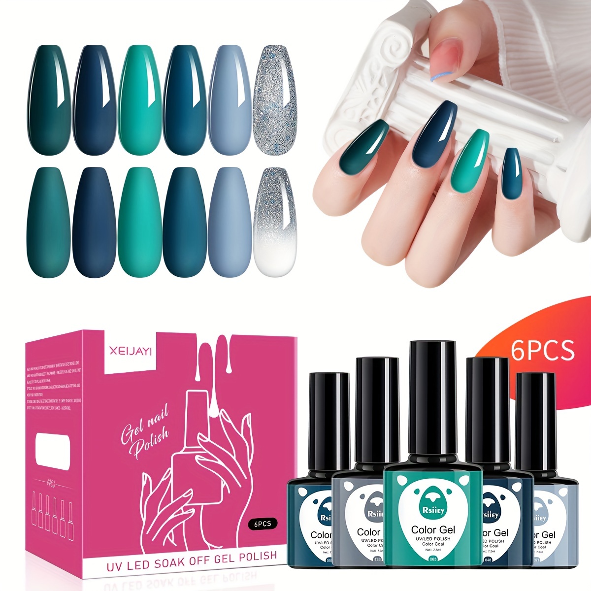 Cyan Silvery Glitter Gel Varnish 6 Colors Kit