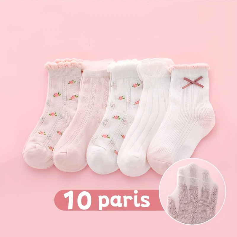 

10pairs Girls Kids Cute Flowers Pattern Socks, Breathable Comfy Socks For Spring Summer, Children's Socks, Clothing Accessories