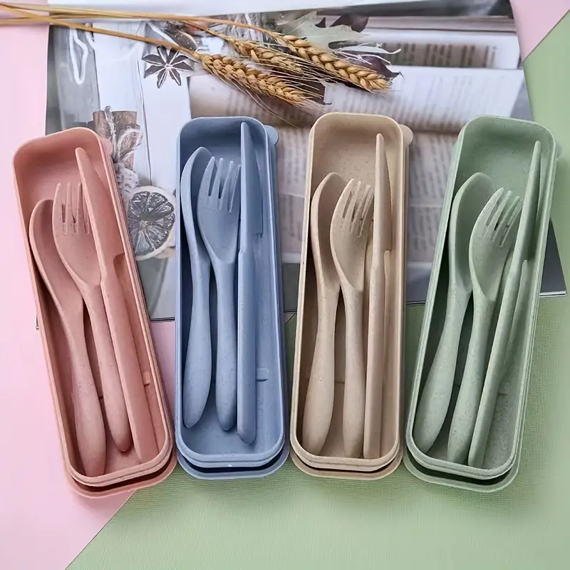 Portable Cutlery Set Reusable Travel Utensils Wheat Straw - Temu