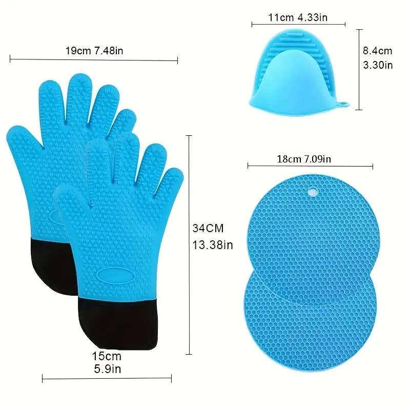4Pcs Silicone Oven Mitts and Pot Holders Heavy Duty Cooking Gloves Kitchen  Tool