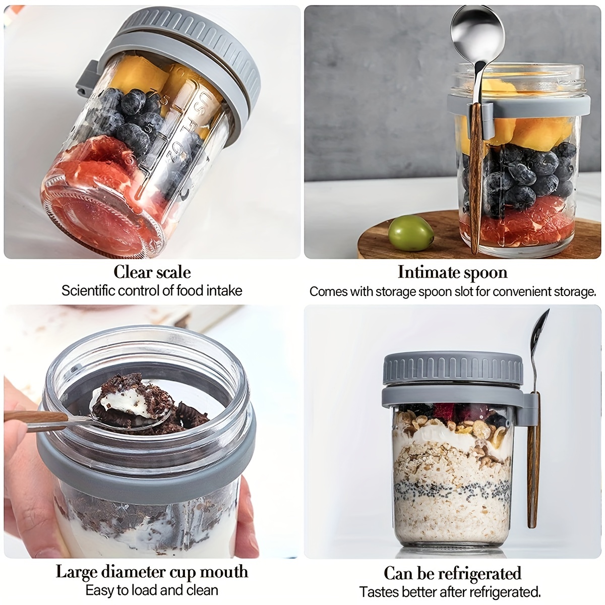 2Pcs 16oz Overnight Oats Container Airtight Glass Oatmeal Jars with Lid and  Spoon Portable Overnight Oatmeal Cup Reusable Wide Mouth Breakfast Cup  Container for Salads Milk Cereal Fruit Gray 