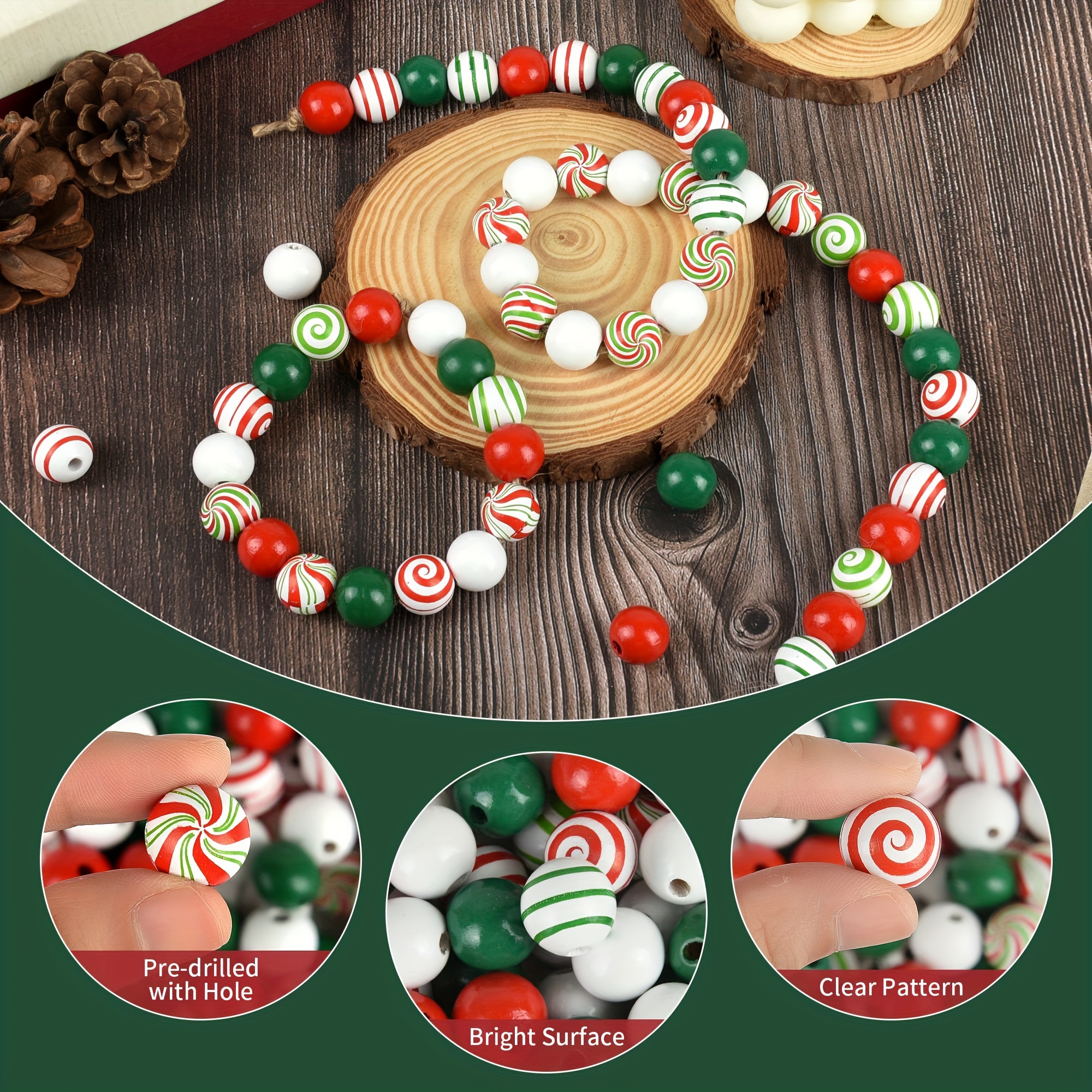  180 Pcs Candy Cane Wood Beads 16mm Christmas Wooden Beads  Colorful Round Craft Beads with Holes, Christmas Dotted Striped Farmhouse  Spacer Wood Beads for Christmas Party Holiday DIY Garland Jewelry 